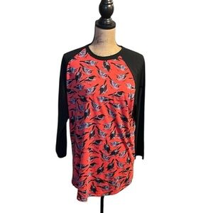 LuLaRoe Red and Black Bird Print Long Sleeve Tee